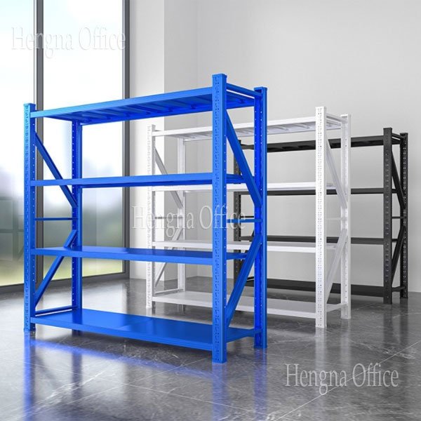 Custom powder coated industrial shelving in blue white and black for different industry standards