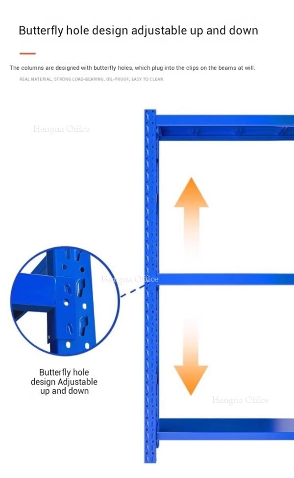 Butterfly hole design on blue warehouse racking uprights allowing adjustable beam levels