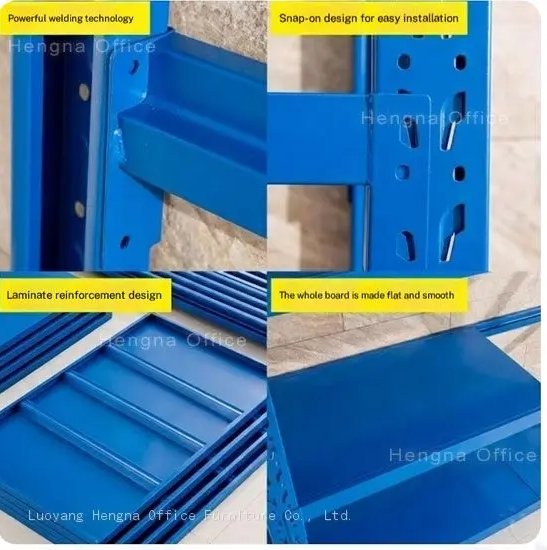 Close-up of heavy-duty boltless storage rack features: powerful welding, snap-on design, laminate reinforcement, and flat smooth board.