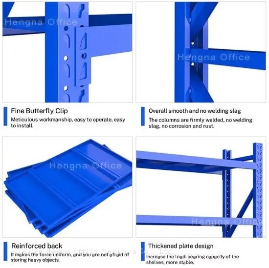 Close-up of fine butterfly clip mechanism on medium-duty warehouse rack, showing smooth welding and reinforced back design for heavy load stability.