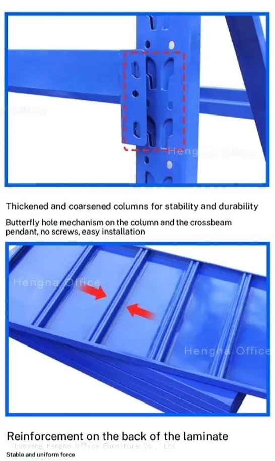Detail of diamond-shaped adjustment holes on column for easy shelf positioning