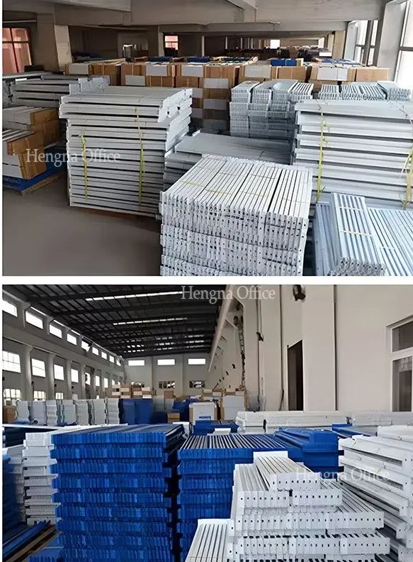 Heavy duty steel shelving in warehouse storage setup, open aisles for forklift access
