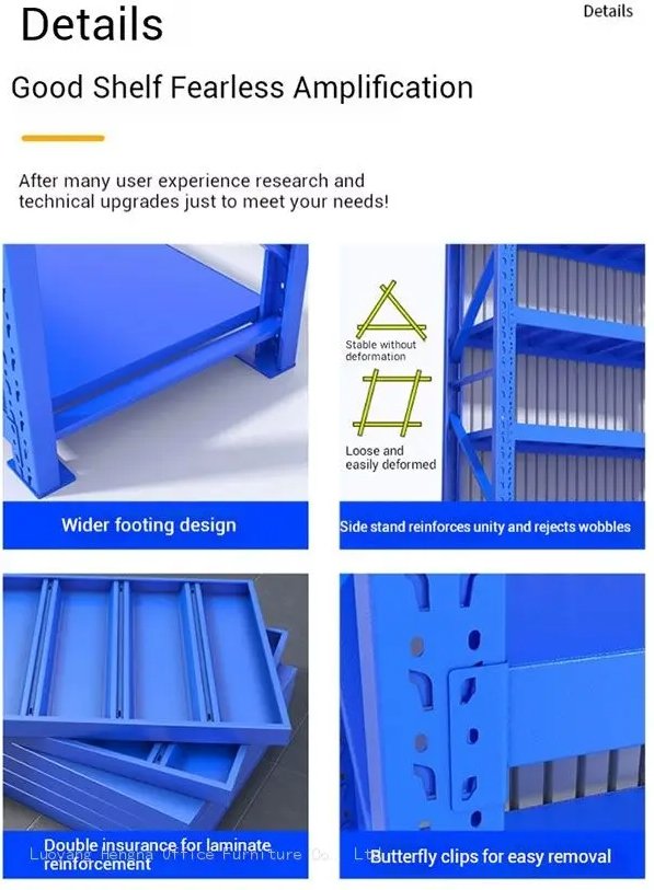 Open design steel workshop rack showing side access, bolted shelf connections