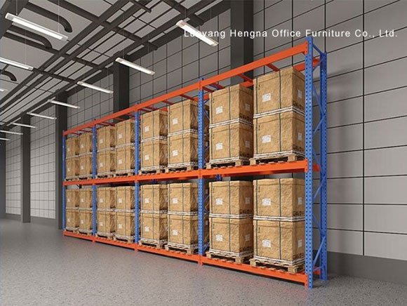 Selective Pallet Rack — Cold-Rolled Steel · 4 Levels · 3000kg Per Level · Powder Coated — Ready for 45°C Warehouse Climate 1 blue orange pallet racking 3 level cardboard boxes storage warehouse real photo Selective Pallet Rack — Cold-Rolled Steel · 4 Levels · 3000kg Per Level · Powder Coated — Ready for 45°C Warehouse Climate