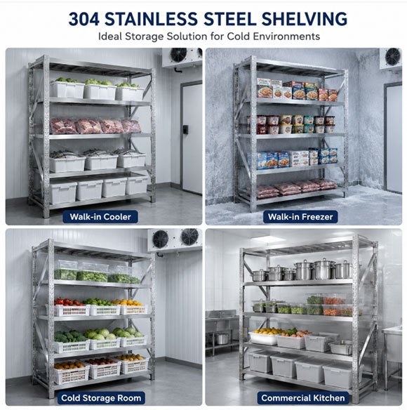 304 stainless steel shelving cold room walk in freezer cooler applications 304 Cold Room Shelving Rack — Rust-Resistant 500kg Racks for Walk-In Freezer Storage