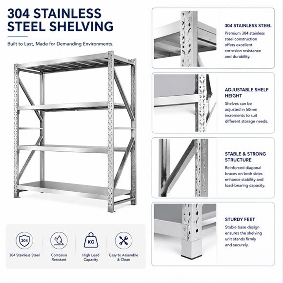 304 stainless steel shelving detail adjustable shelf diagonal bracing sturdy feet 304 Cold Room Shelving Rack — Rust-Resistant 500kg Racks for Walk-In Freezer Storage