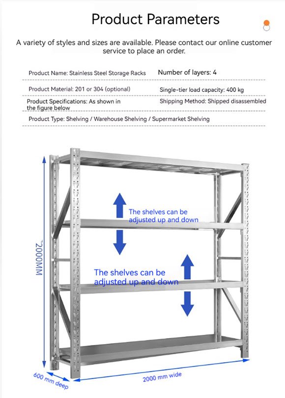 Stainless Steel Kitchen Shelving 201 304 4-Tier 400kg Adjustable