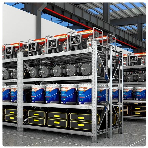 Heavy duty stainless steel rack installed in industrial warehouse, 400kg per shelf, holding tool boxes and industrial equipment in a real working environment
