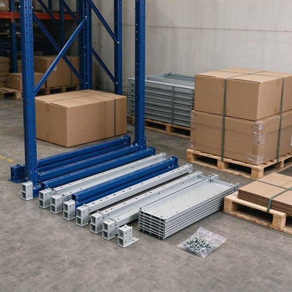 Boltless steel shelving in knock-down form, flat-packed for shipping and tool-free on-site assembly
