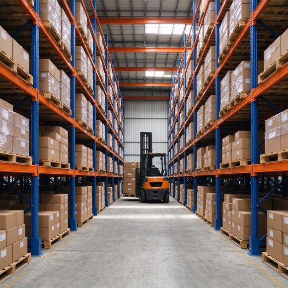 Drive-in Racking Cost vs Selective Racking — Where High-Density Storage Pays Back Fastest 4 Drive-in racking deep aisle with orange forklift, blue uprights and orange beams storing cardboard pallets in a warehouse