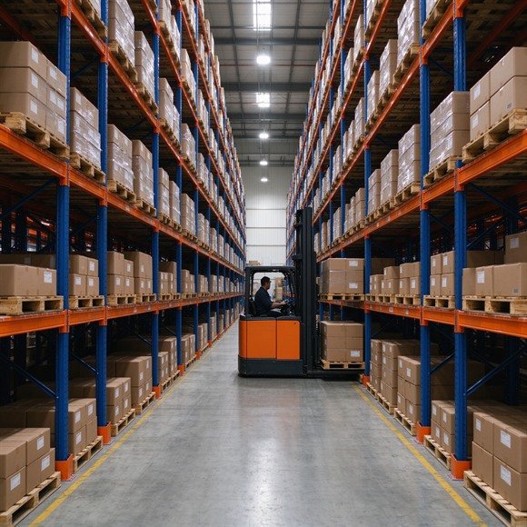 Drive-in Racking Cost vs Selective Racking — Where High-Density Storage Pays Back Fastest 3 Forklift driving into a deep drive-in racking lane in a real warehouse, blue uprights and orange rails, pallets stored in high-density rows