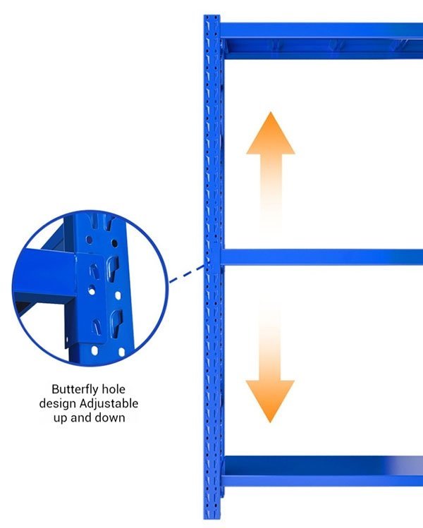 Slot-and-tab boltless shelf fittings on steel shelving for container home storage