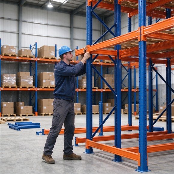 Boltless Pallet Racking for Warehouse Expansion — One-Person Install, Adjustable Beam Levels 2 One worker installing an orange beam onto a blue upright of selective pallet racking in a warehouse during bay-by-bay expansion
